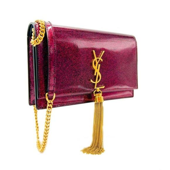 Saint Laurent Monogram Kate Chain Wallet Glitter Tassel Red Patent Leather Shoul - Picture 1 of 12